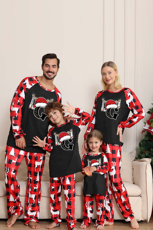 Pyjamas de Noël noirs et rouges à manches longues avec motif de cerf pour toute la famille