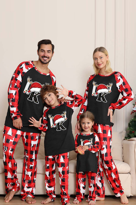 Pyjama de Noël familial avec cerf noir et rouge à manches longues