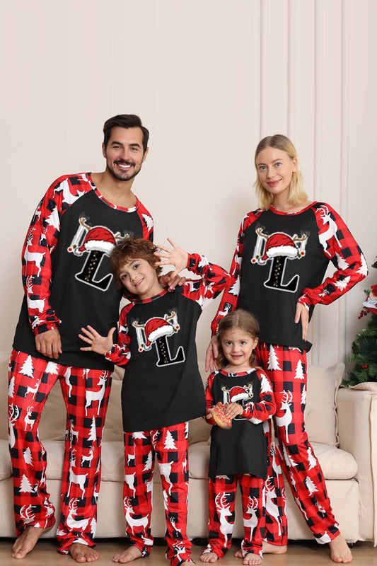 Pyjama de Noël familial avec cerf noir et rouge à manches longues
