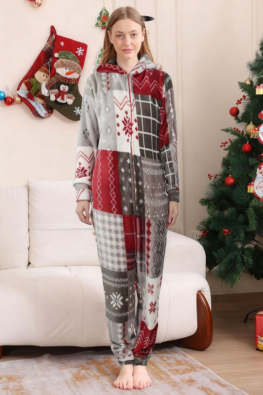 Pyjamas Famille Assortis Imprimé Flocon de Neige Une Pièce Rouge Gris