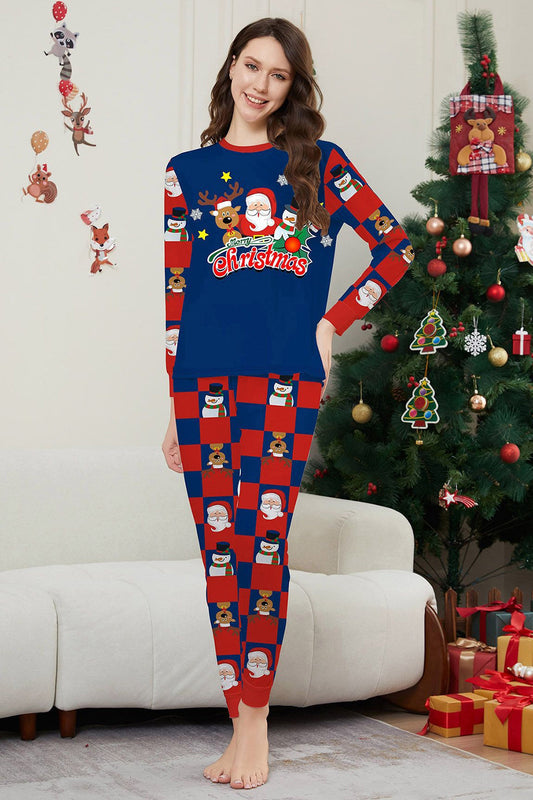 Ensemble de pyjama de Noël à manches longues imprimé pantalon à carreaux bleu foncé