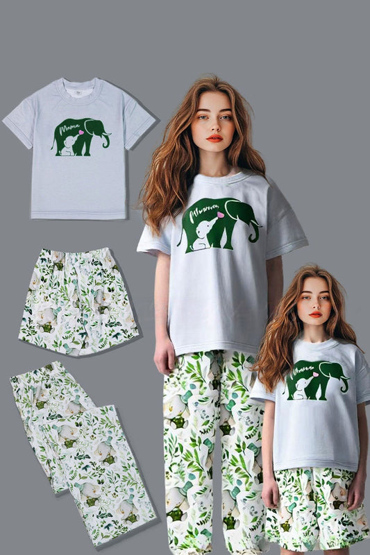 Pyjama familial assorti à manches courtes blanc et vert à imprimé floral