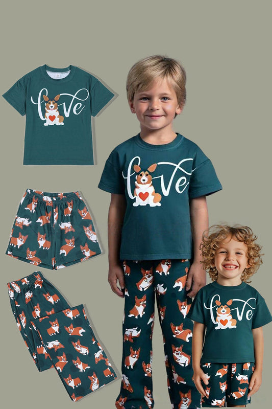 Pyjama assorti à manches courtes vert foncé imprimé chien pour toute la famille