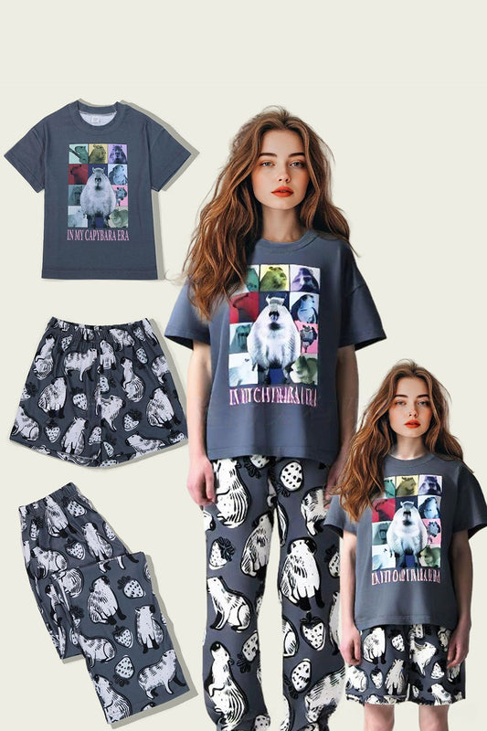 Pyjama familial assorti à manches courtes et imprimé animal gris foncé
