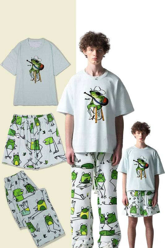 Pyjama assorti à manches courtes imprimé animaux mignons vert clair pour toute la famille