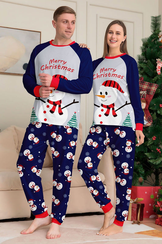 Pyjamas de Noël assortis pour toute la famille avec imprimé bonhomme de neige gris bleu