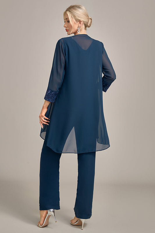 Ensembles Pantalons Mère de la Mariée 3 Pièces Manches Longues Bleu Marine