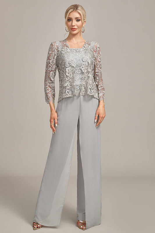 Ensemble pantalon et haut en dentelle en mousseline argentée pour la mère de la mariée