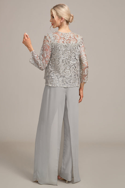 Ensemble pantalon et haut en dentelle en mousseline argentée pour la mère de la mariée