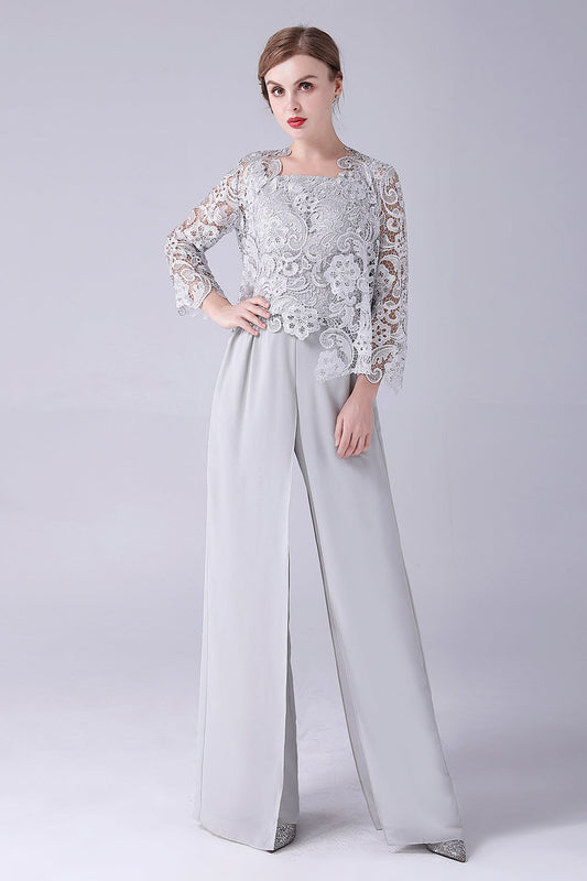 Pantalon en mousseline argentée et haut en dentelle, ensembles de pantalons de mère de la mariée