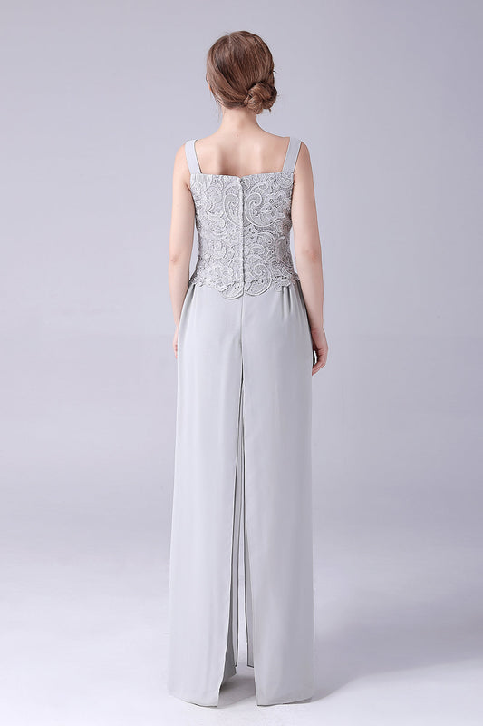 Pantalon en mousseline argentée et haut en dentelle, ensembles de pantalons de mère de la mariée