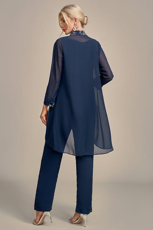 Ensemble pantalon 3 pièces pour mère de la mariée, bleu marine, avec appliqués