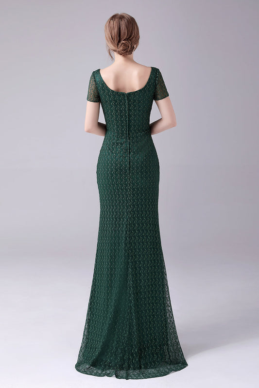 Robe de mère de la mariée vert foncé sirène encolure carrée longueur ras du sol