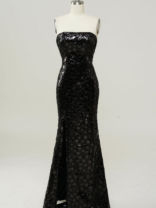 Robe de bal sirène noire sans bretelles à sequins