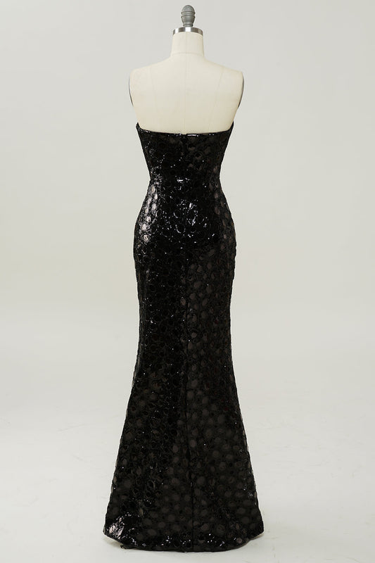 Robe de bal sirène noire sans bretelles à sequins