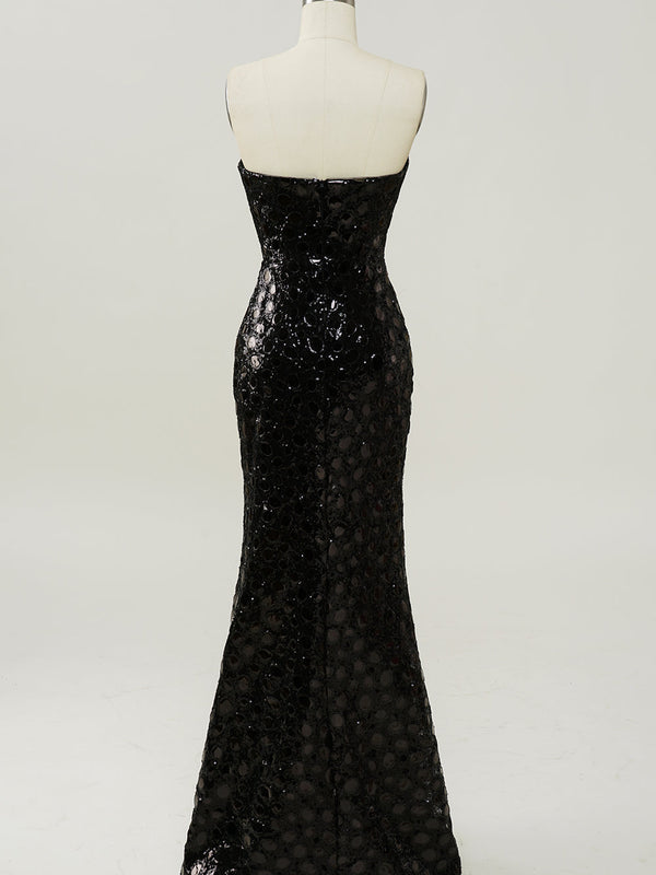 Robe de bal sirène noire sans bretelles à sequins