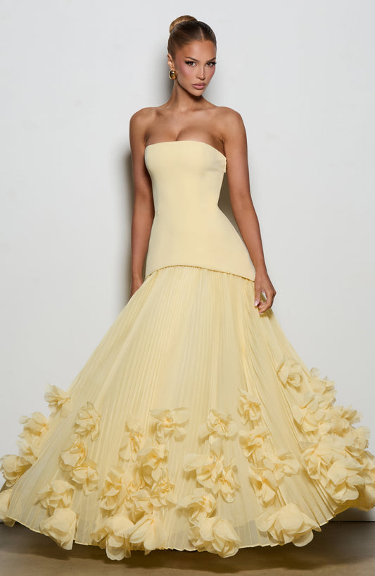 Robe Sirène Bustier Jaune Pâle en Tulle Plissé & Fleurs 3D