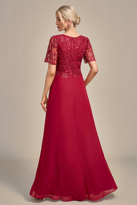 Robe Mère de la Mariée Bourgogne Coupe Trapèze Col Rond Paillettes avec Appliques