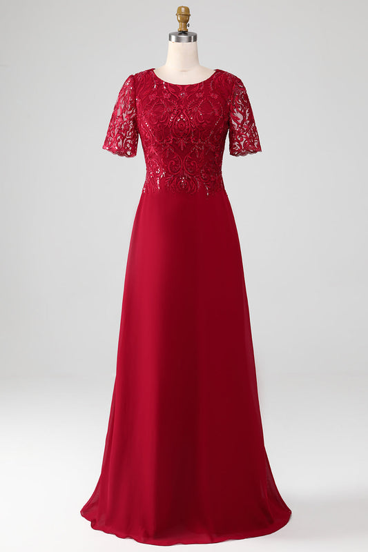 Robe Mère de la Mariée Bourgogne Coupe Droite Col Rond Paillettes Scintillantes avec Appliques