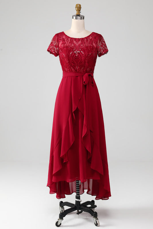 Robe de mère de la mariée asymétrique bordeaux, scintillante, à sequins, avec des appliqués