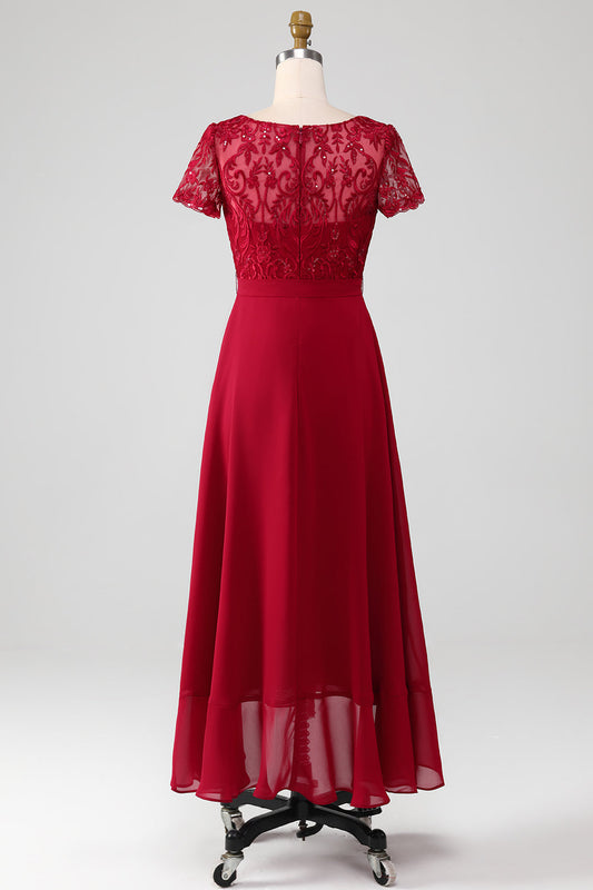 Robe de mère de la mariée asymétrique bordeaux, scintillante, à sequins, avec des appliqués