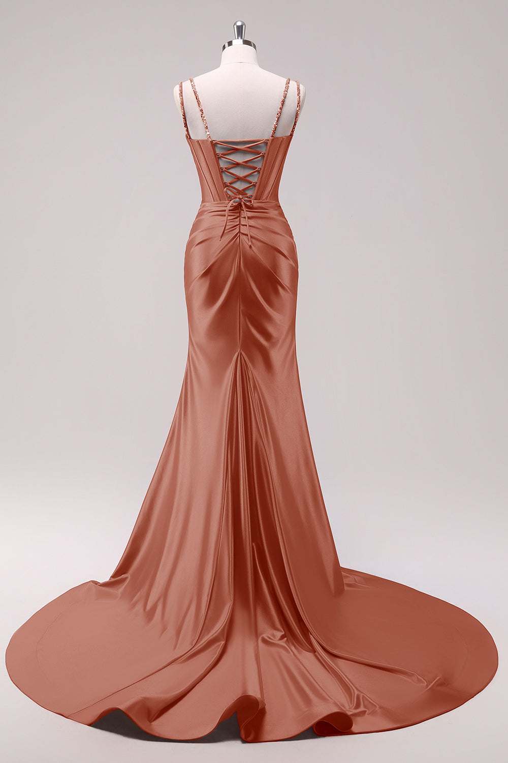 Robe de Bal Sirène Vert Sauge à Bretelles Fines avec Corset et Paillettes, Fendue