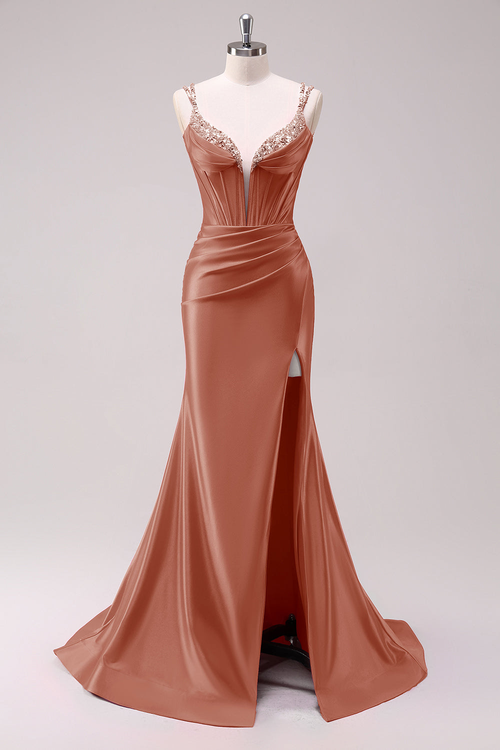 Robe de Bal Sirène Vert Sauge à Bretelles Fines avec Corset et Paillettes, Fendue