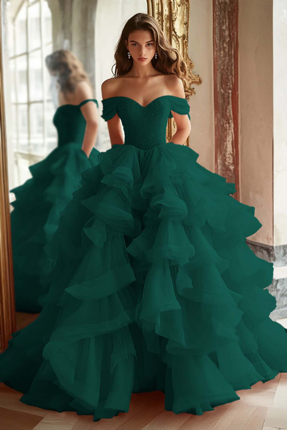 Pink Princess Off-The-Shoulder Tiered Ruffled Long Prom Dress with Sequins