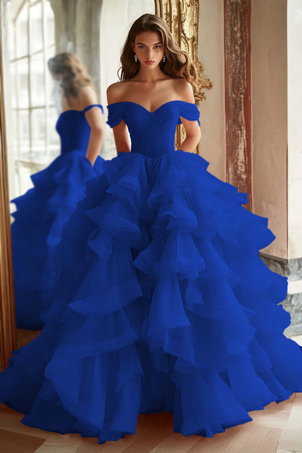 Pink Princess Off-The-Shoulder Tiered Ruffled Long Prom Dress with Sequins