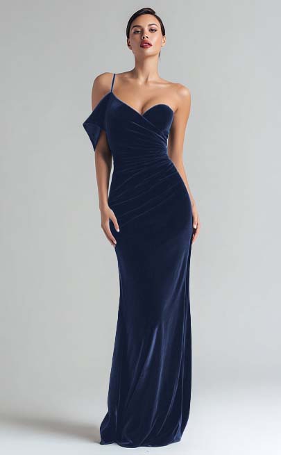 Robe de soirée longue fourreau en velours vert foncé à une épaule
