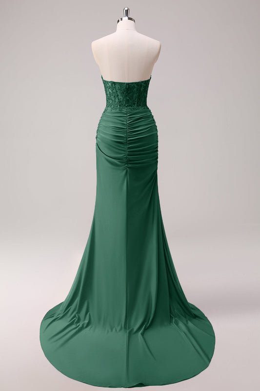Corset Vert Foncé Sirène sans Bretelles Froncé Corset Longue Robe de Bal avec Fente