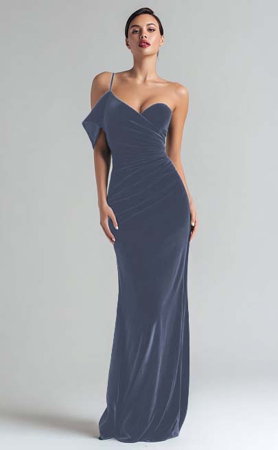 Robe de soirée longue fourreau en velours vert foncé à une épaule