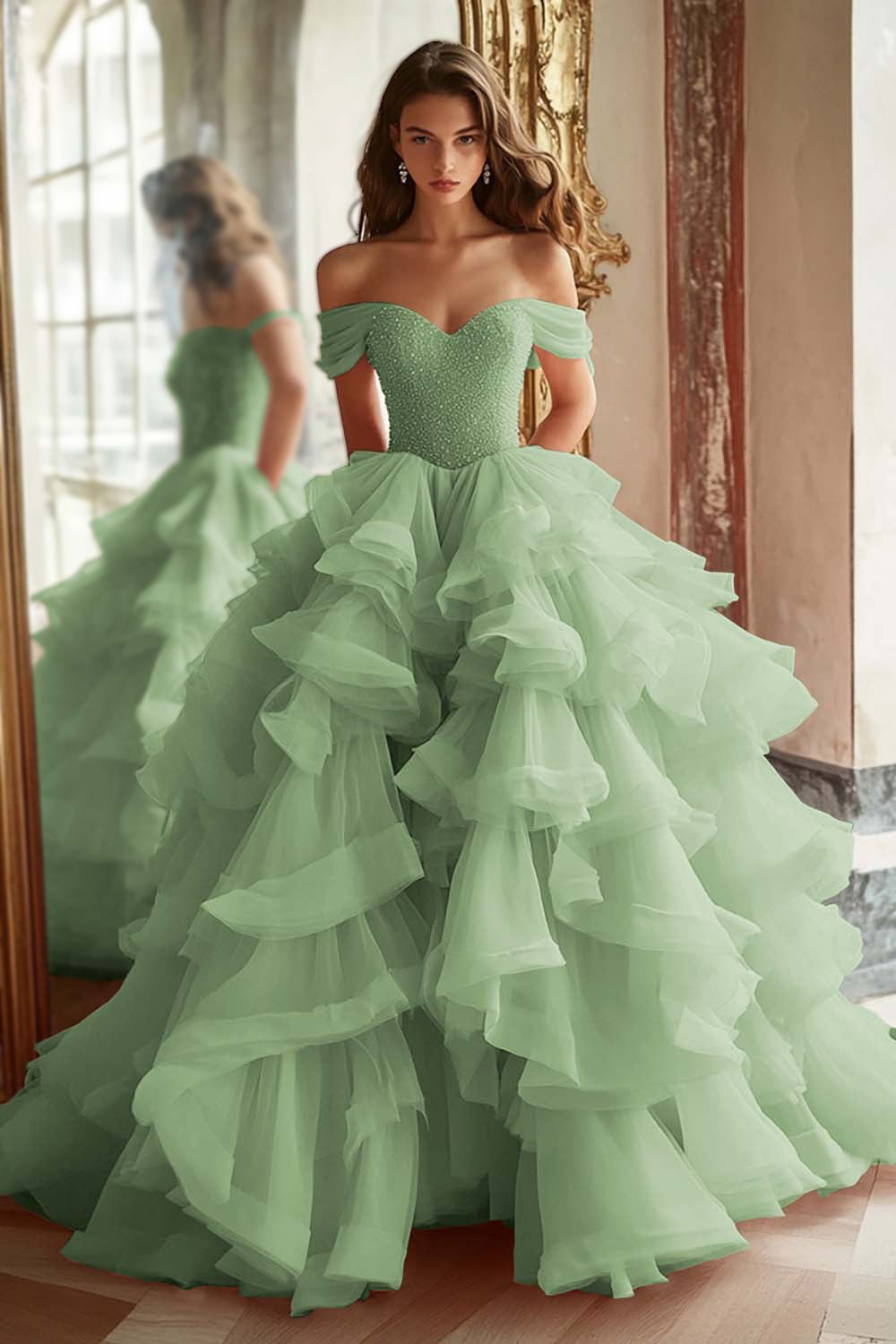 Pink Princess Off-The-Shoulder Tiered Ruffled Long Prom Dress with Sequins