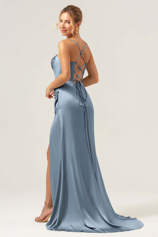 Dusty Blue Mermaid Spaghetti Straps Corset Satin Bridesmaid Dress with Slit