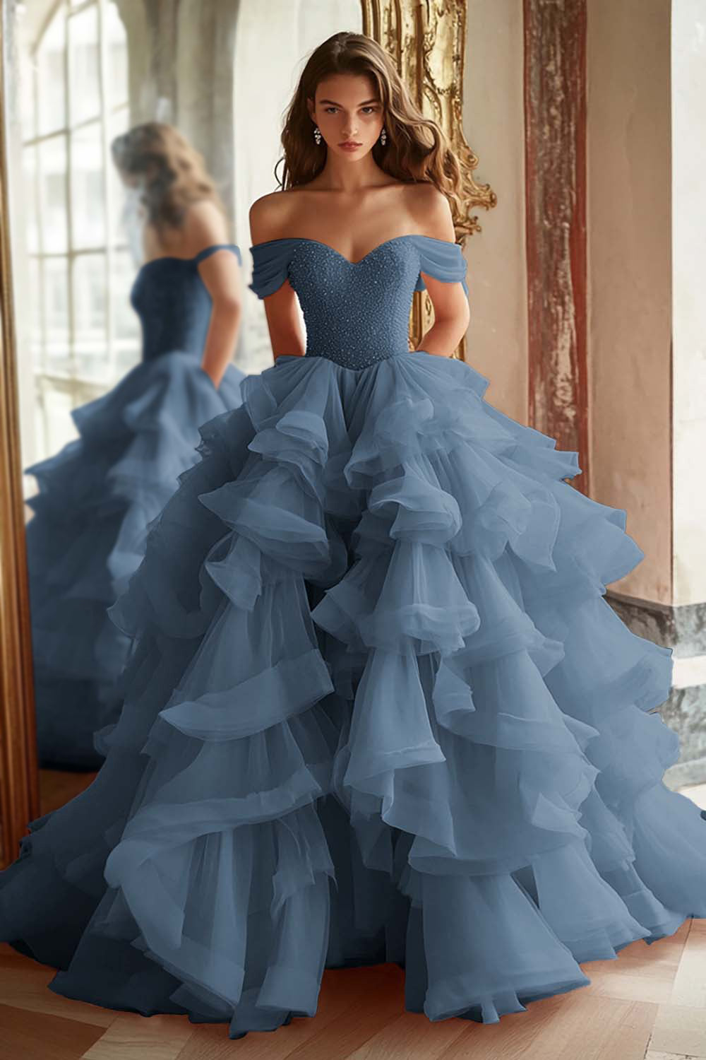 Pink Princess Off-The-Shoulder Tiered Ruffled Long Prom Dress with Sequins