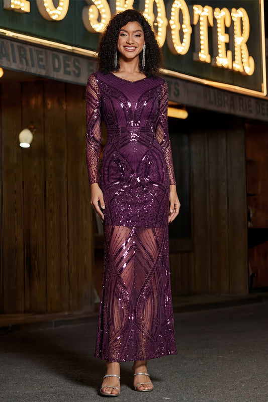 Purple V-Neck Sheath Sequin Long Sleeve Prom Dress