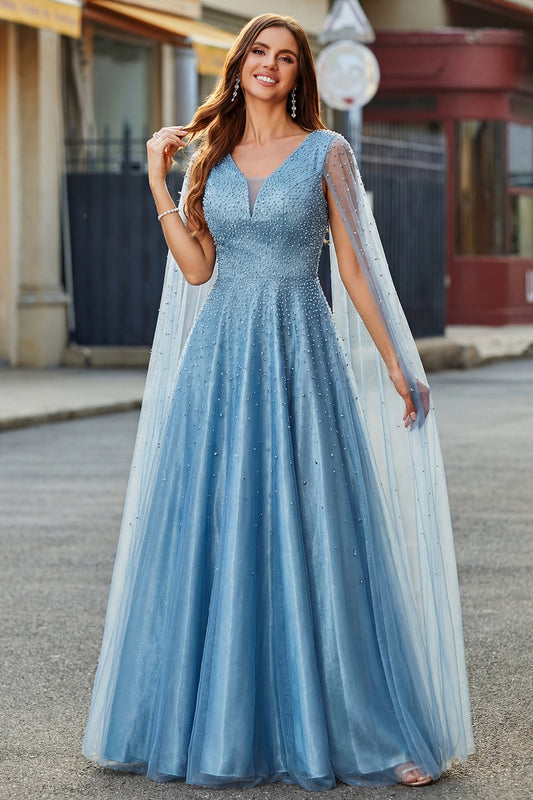 Sparkly Blue V-Neck A-Line Prom Dress with Cape Sleeves
