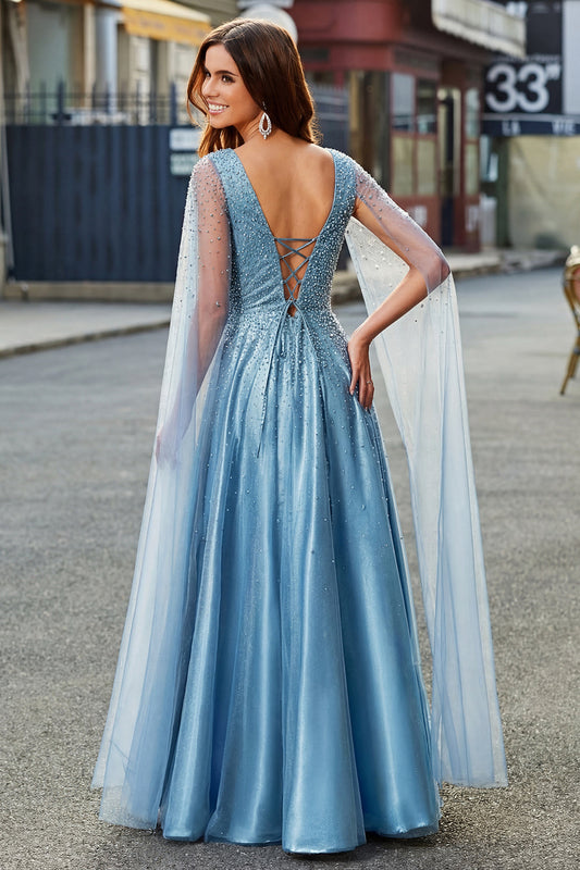 Sparkly Blue V-Neck A-Line Prom Dress with Cape Sleeves