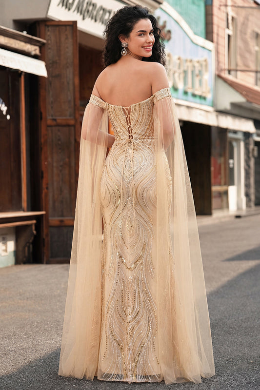 Off the Shoulder Mermaid Champagne Sequin Long Prom Dress with Cape Sleeves