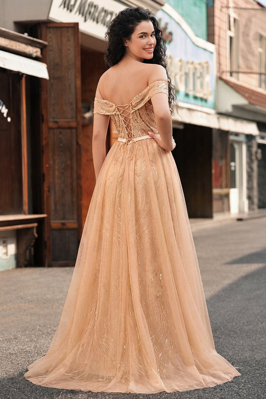 Champagne Off-the-Shoulder Sequin Mermaid Long Prom Dress