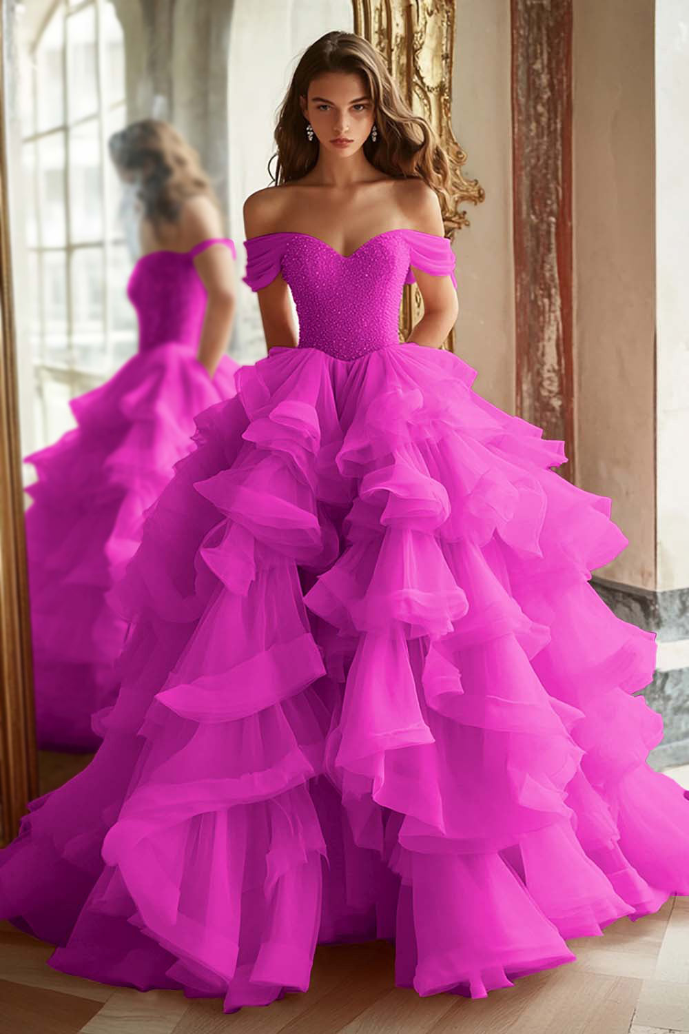 Pink Princess Off-The-Shoulder Tiered Ruffled Long Prom Dress with Sequins
