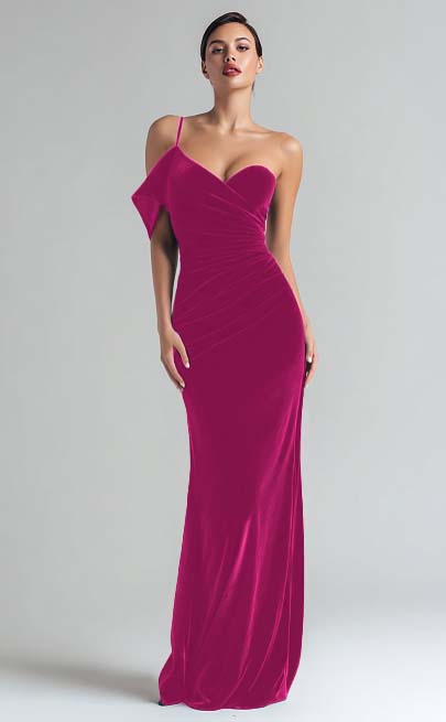 Robe de soirée longue fourreau en velours vert foncé à une épaule