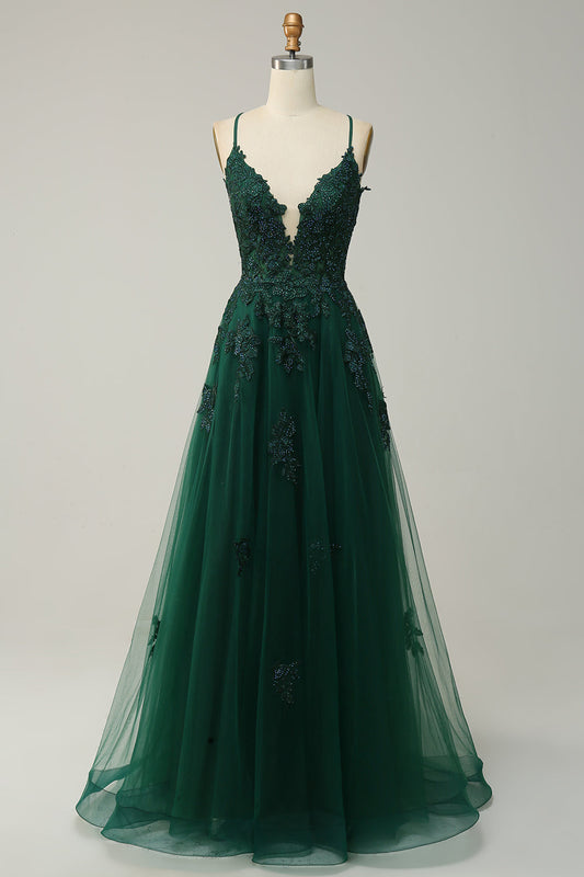 Robe de bal longue vert foncé trapèze à fines bretelles et dos croisé