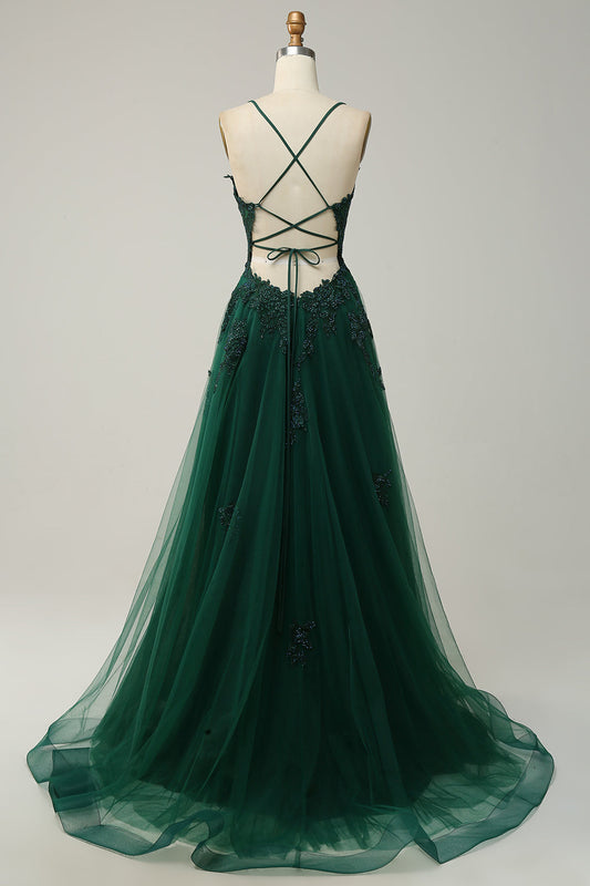 Robe de bal longue vert foncé trapèze à fines bretelles et dos croisé