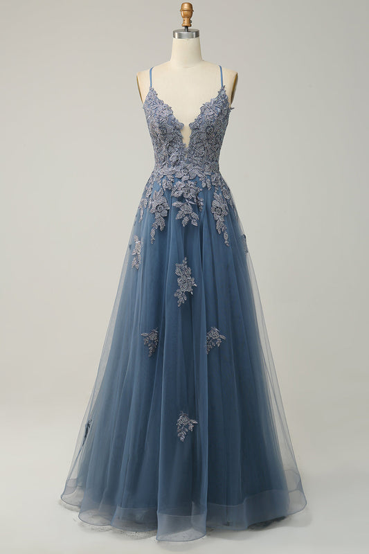 Robe de bal longue bleu gris A-line à bretelles spaghetti et dos croisé
