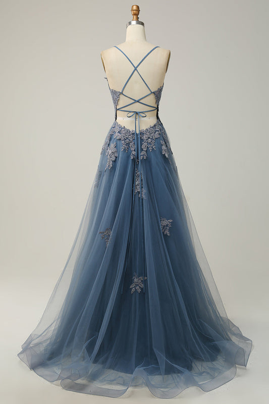 Robe de bal longue bleu gris A-line à bretelles spaghetti et dos croisé