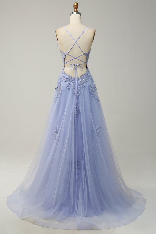 Robe de Bal Longue Lilas Clair Coupe A avec Bretelles Fines et Dos Croisé