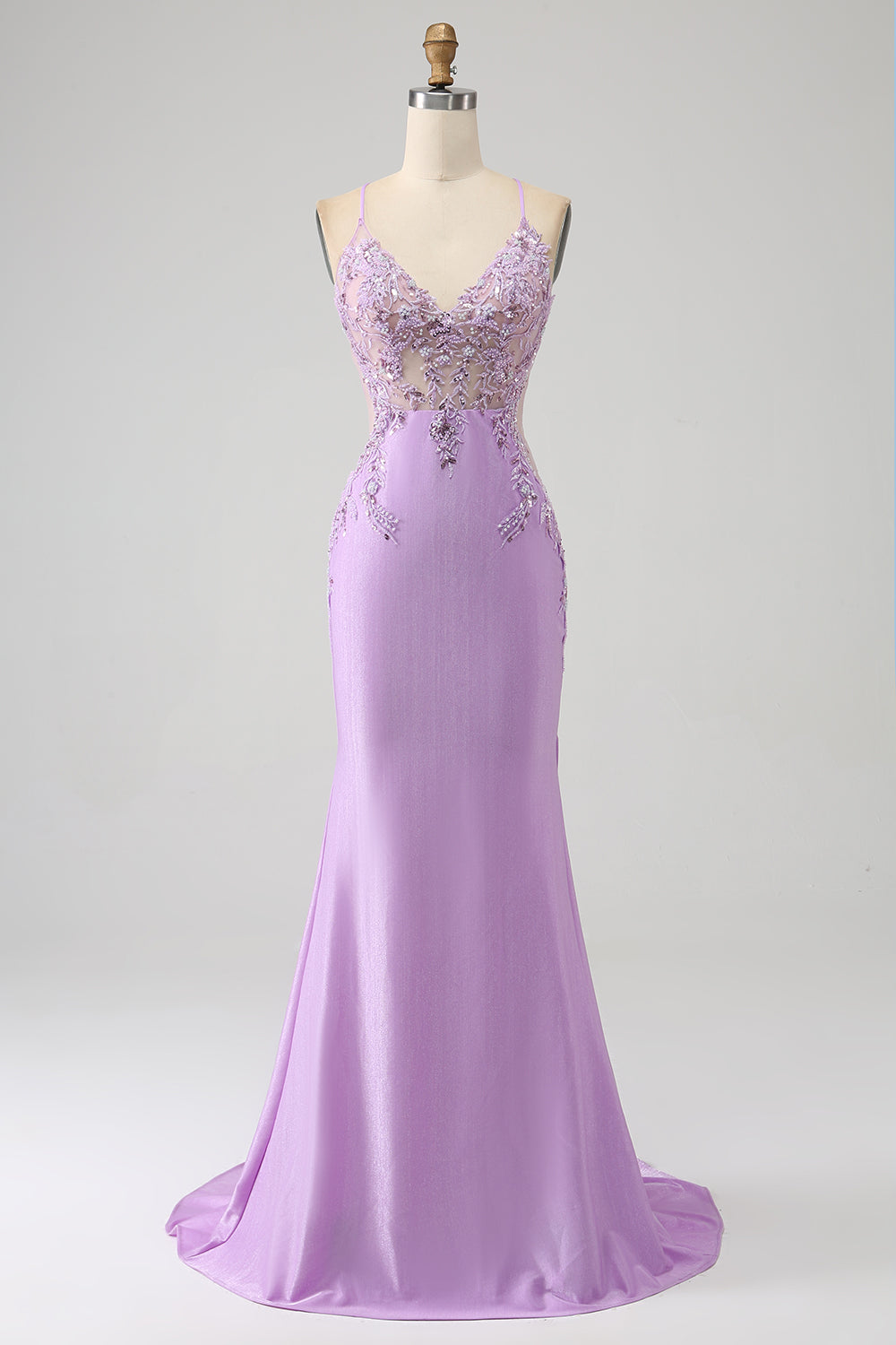 Robe de bal longue lilas sirène tendance à fines bretelles avec appliques et perles