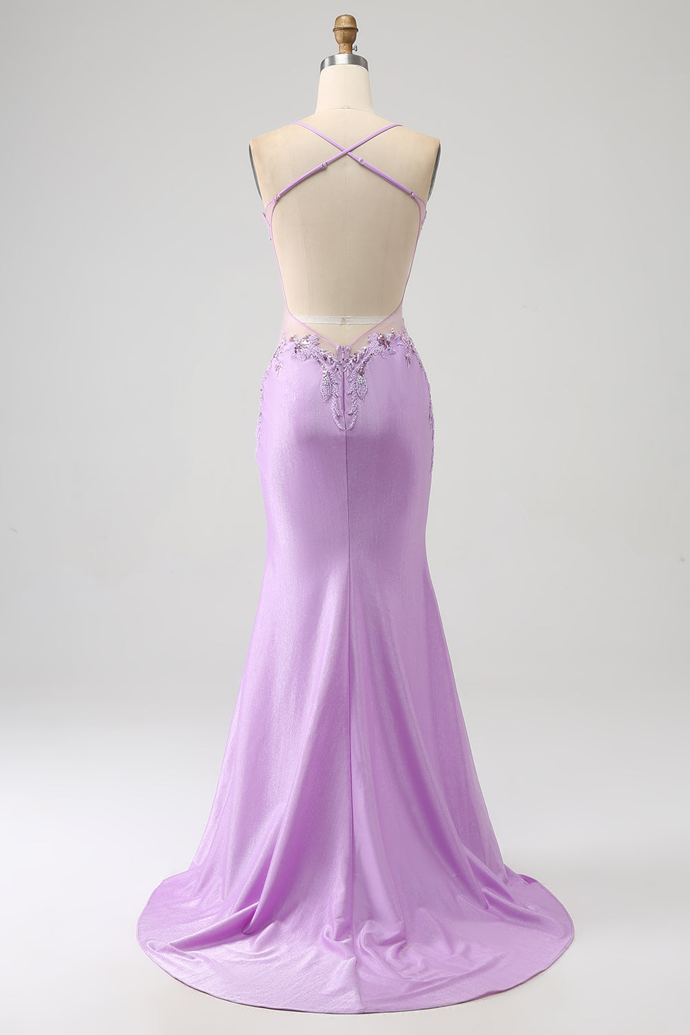 Robe de bal longue lilas sirène tendance à fines bretelles avec appliques et perles