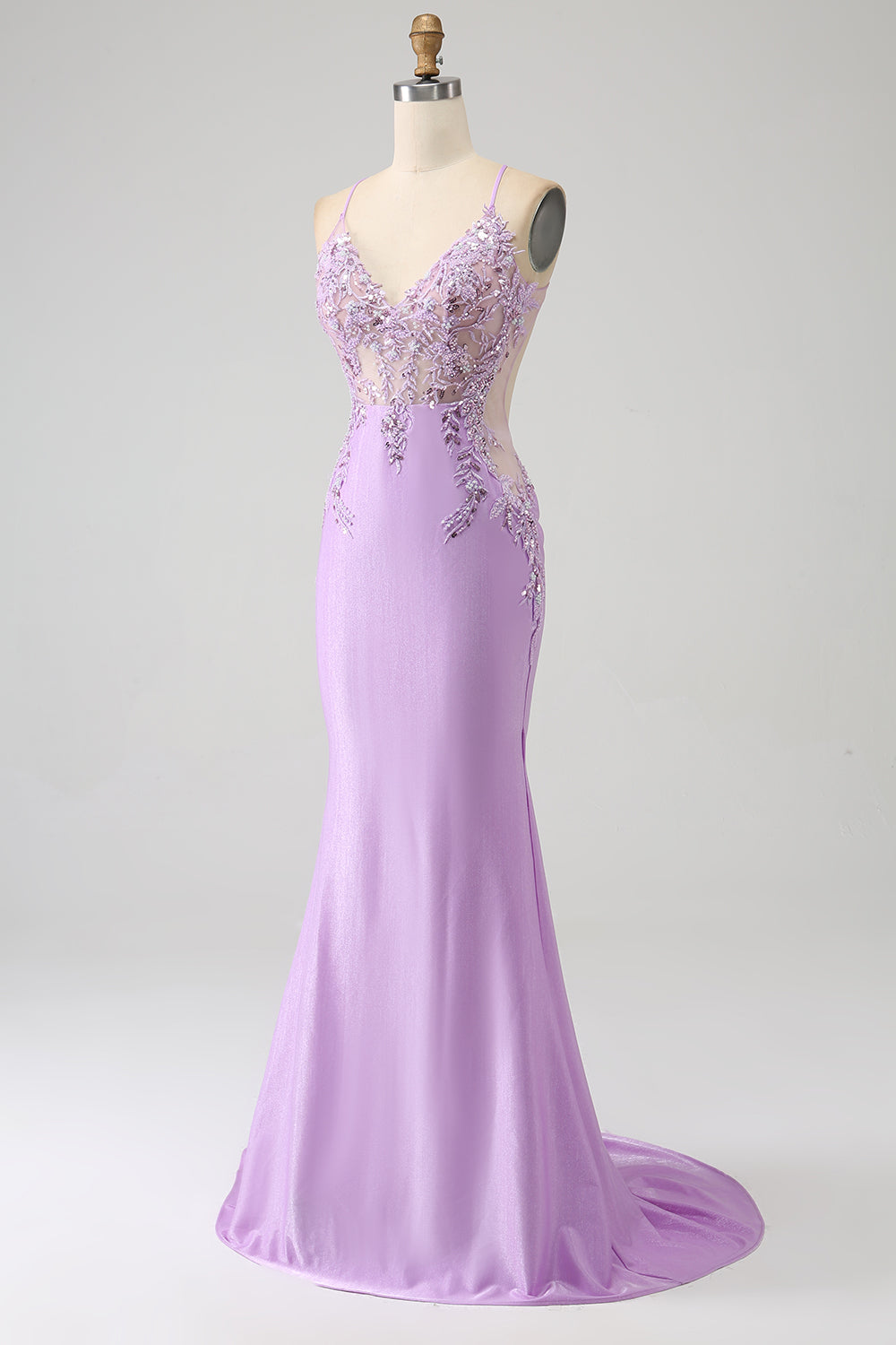Robe de bal longue lilas sirène tendance à fines bretelles avec appliques et perles